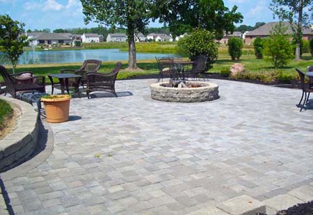 Open patio with stone fire pit