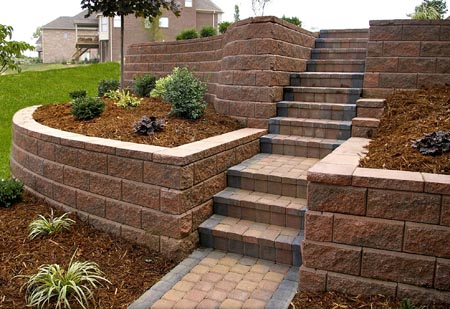 Tiered retaining wall with steps